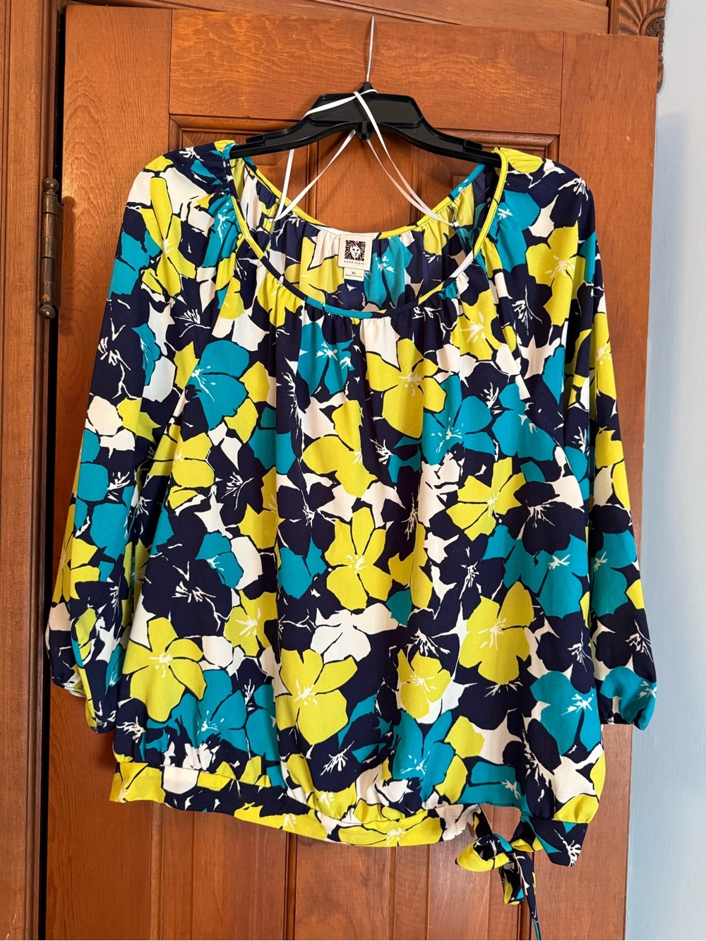 Anne Klein Floral Tie-Hem Blouse in Yellow, Teal & Navy